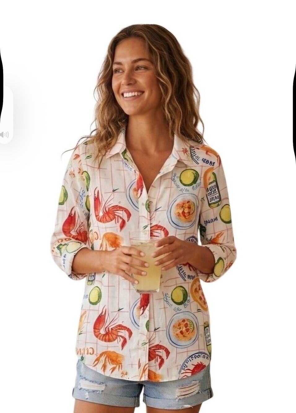 Calypso St. Barth White Button-Front Shirt with Red & Green Seafood Print